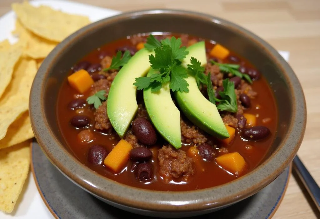 Delicious Sweet Potato Black Bean Chili served with toppings, perfect for a comforting meal.