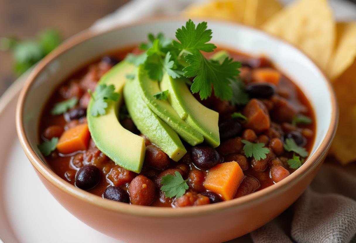 Delicious Sweet Potato Black Bean Chili served with toppings, perfect for a comforting meal.