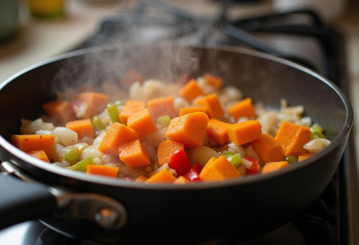Sautéing sweet potatoes, onions, and bell peppers for Sweet Potato Black Bean Chili.