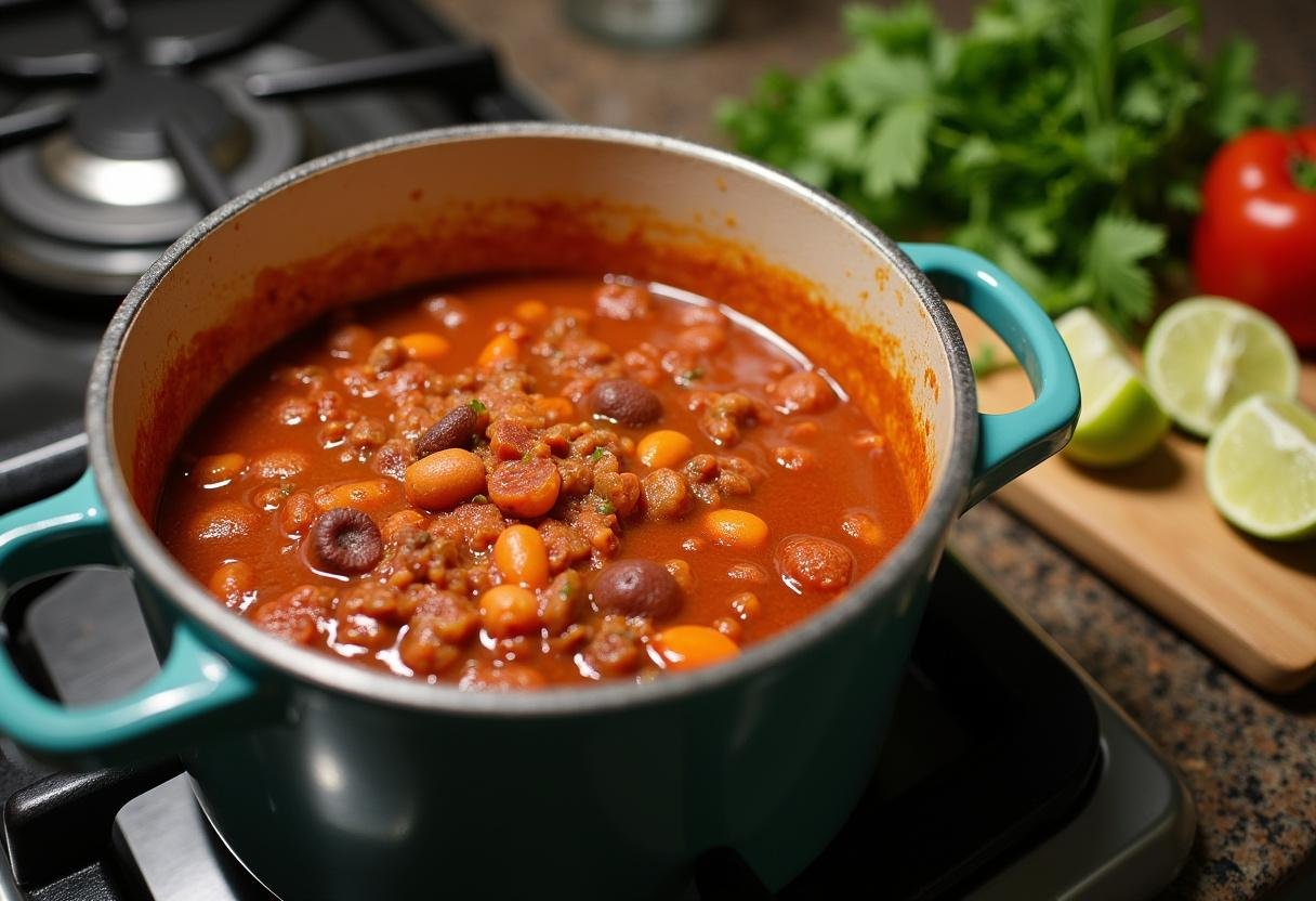 Simmering Sweet Potato Black Bean Chili ready for serving with garnishes.