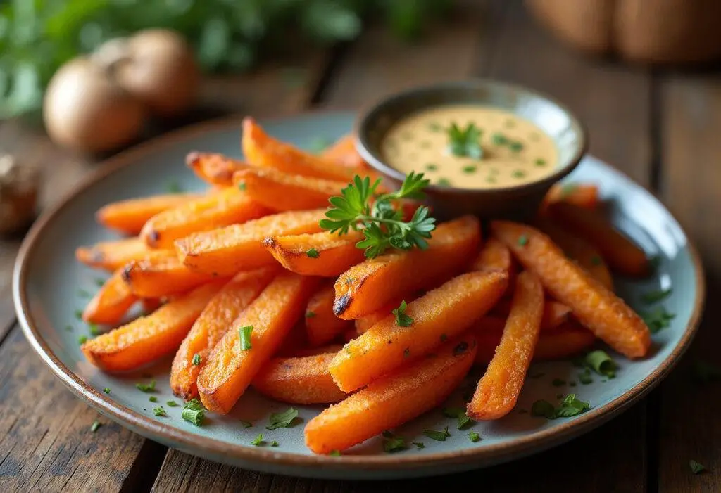 Delicious golden sweet potato fries served with dipping sauce, perfect for snacking.
