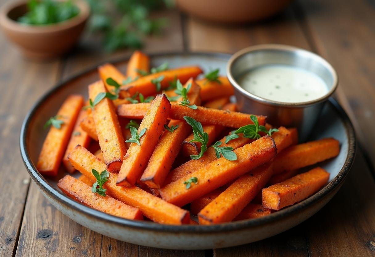 Delicious golden sweet potato fries served with dipping sauce, perfect for snacking.