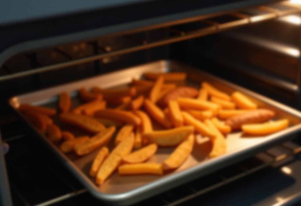 Sweet potato fries being roasted in the oven, cooking until crispy and golden.