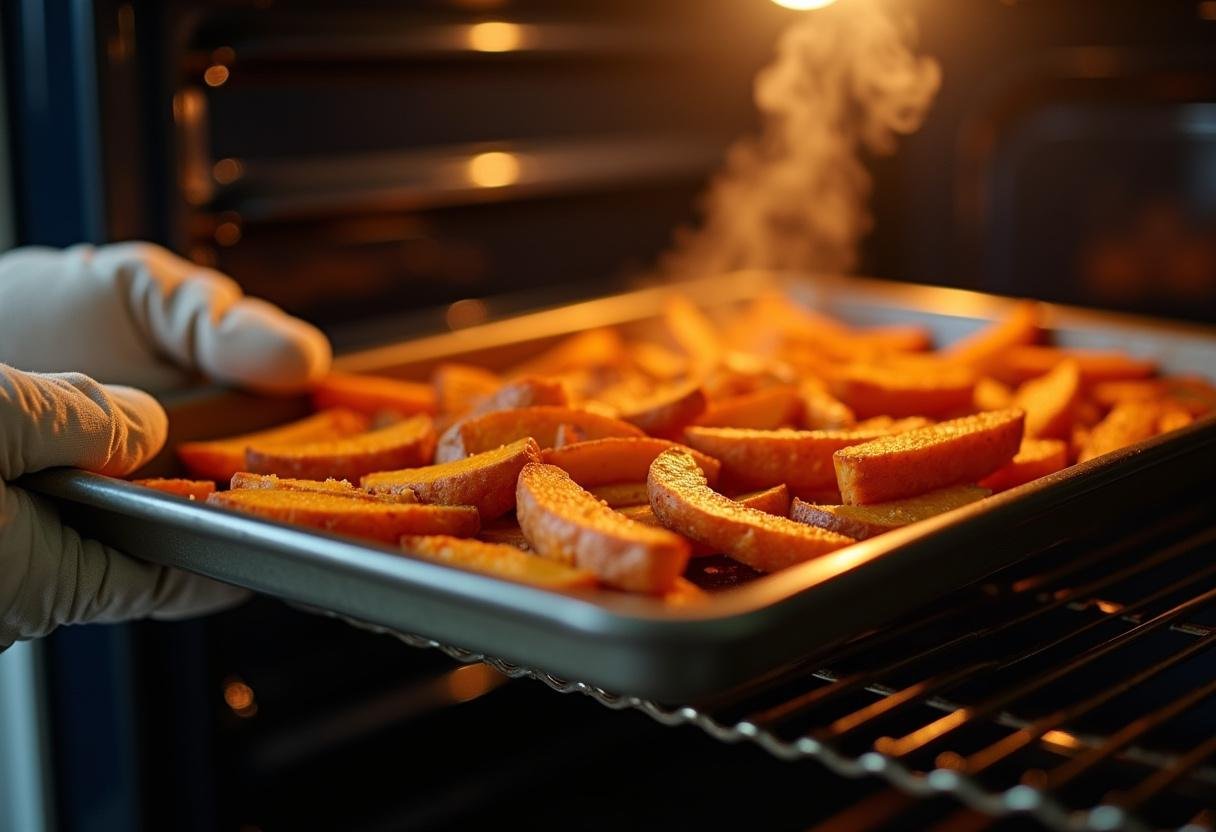 Baked sweet potato fries being taken out of the oven, ready to be served.