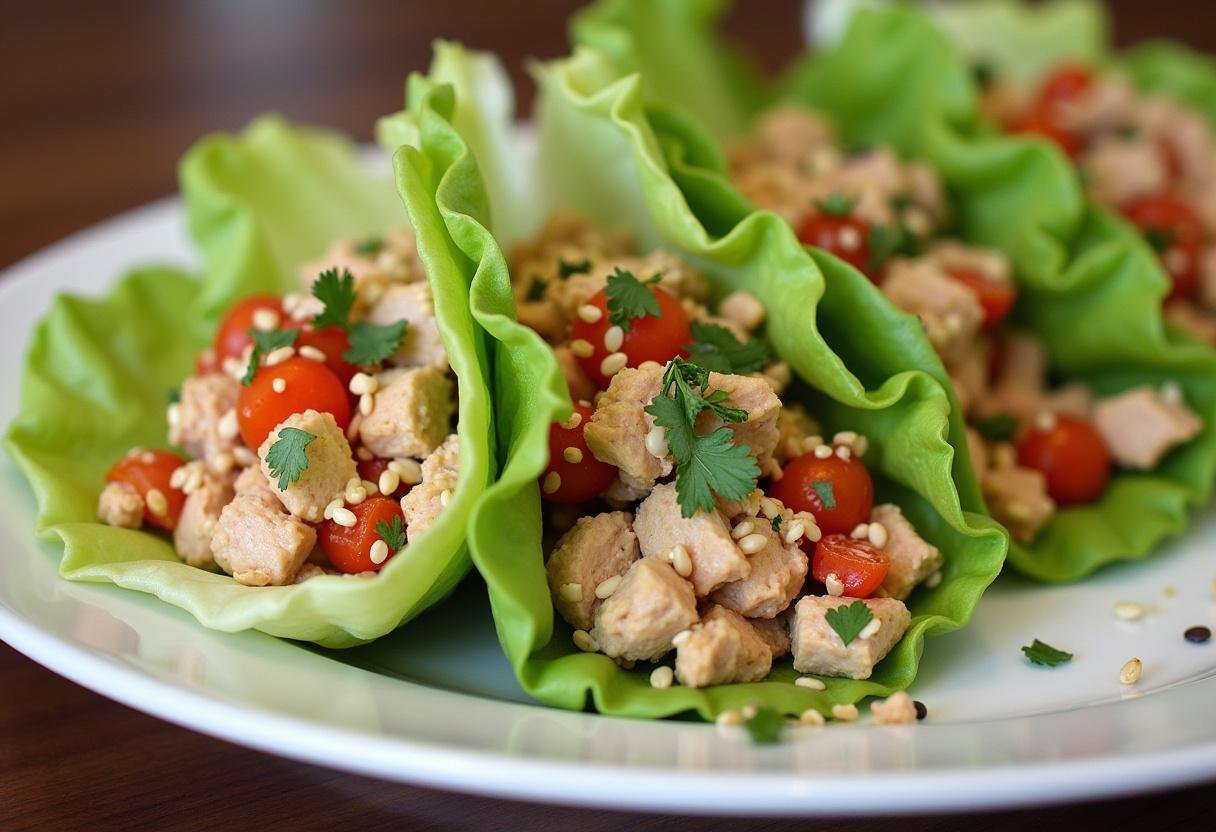 Finished Turkey Lettuce Wraps filled and garnished, perfect for a healthy meal.