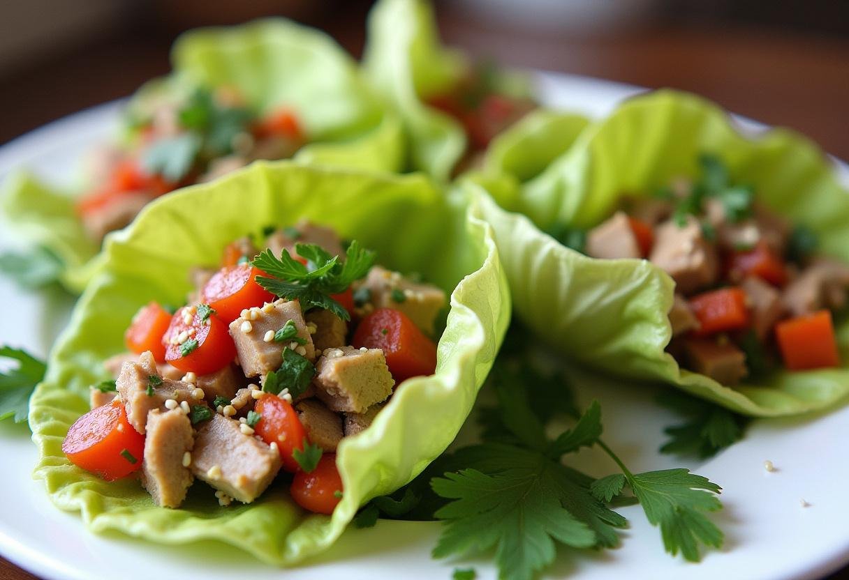 Finished Turkey Lettuce Wraps filled and garnished, perfect for a healthy meal.