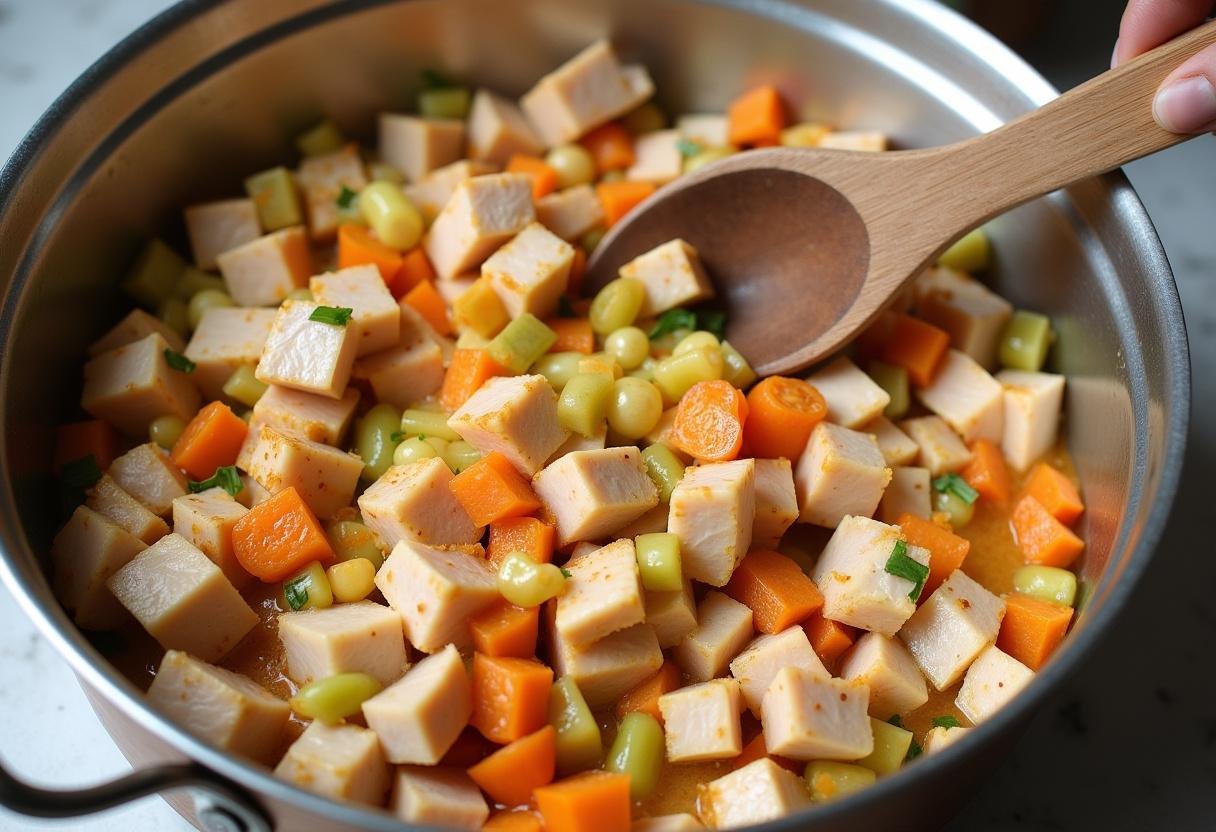 Mixing cooked turkey and vegetables for Turkey Lettuce Wraps filling.
