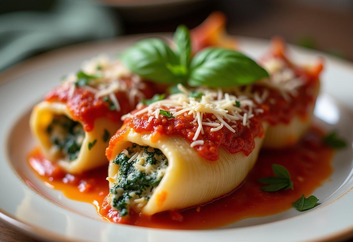 Finished Turkey and Spinach Stuffed Shells, ready to be enjoyed for dinner.