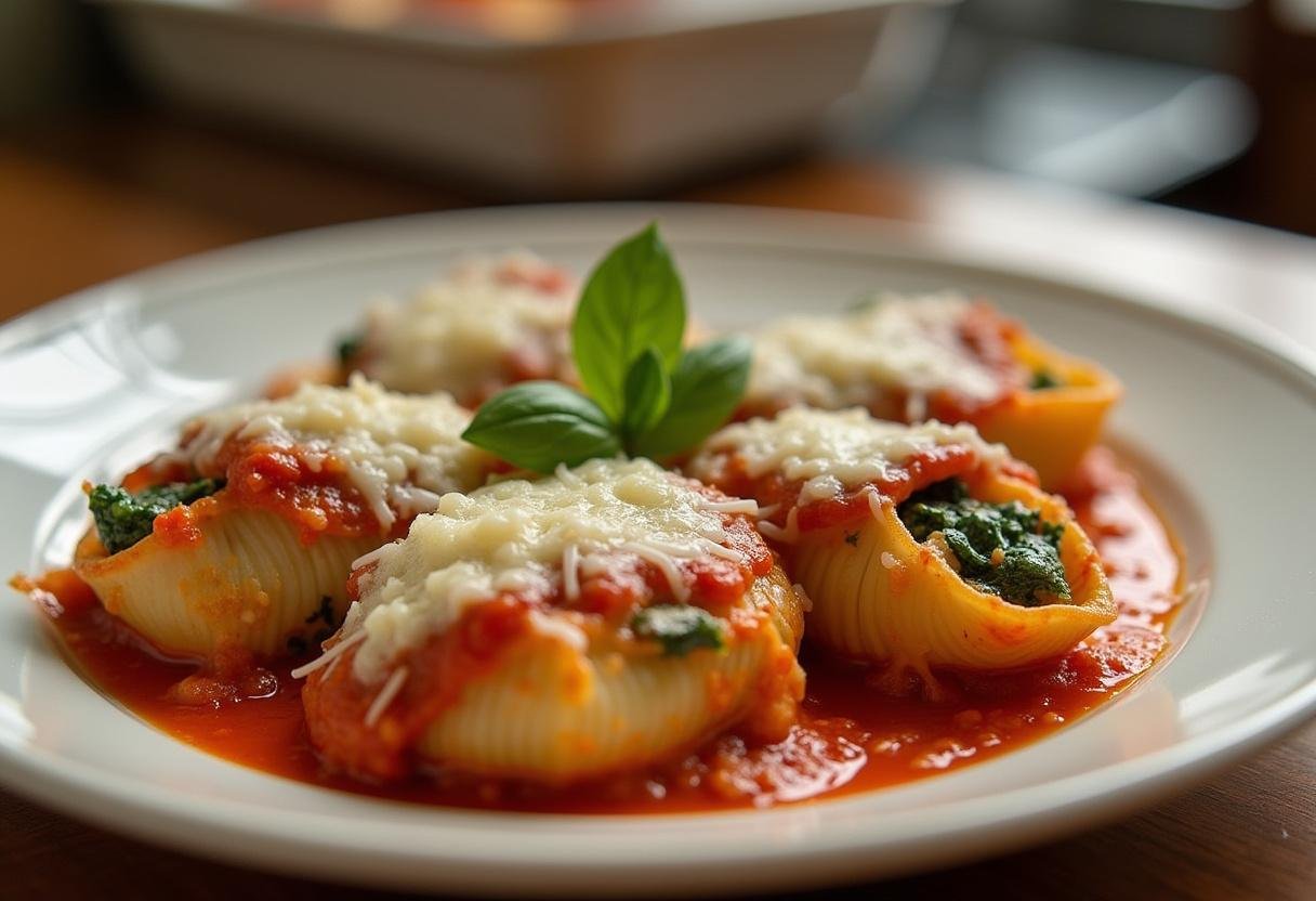 Finished Turkey and Spinach Stuffed Shells, ready to be enjoyed for dinner.