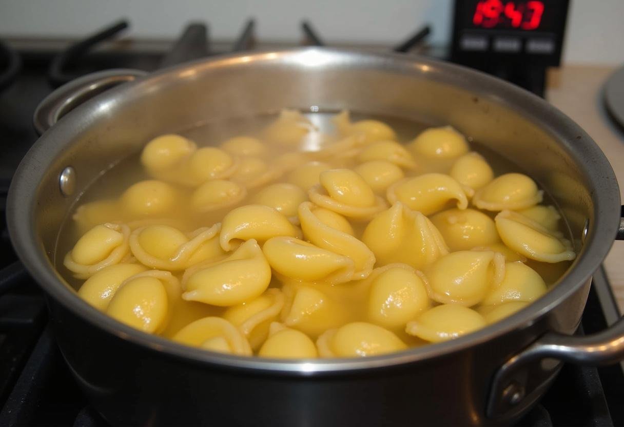 Boiling pasta shells for Turkey and Spinach Stuffed Shells recipe.