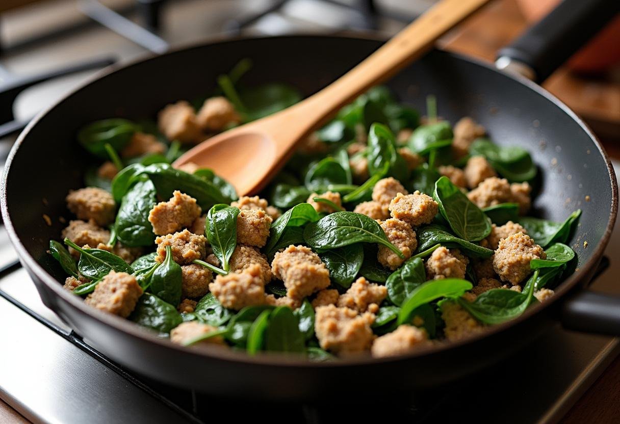 Sautéed turkey and spinach filling for stuffed shells being prepared in a frying pan.