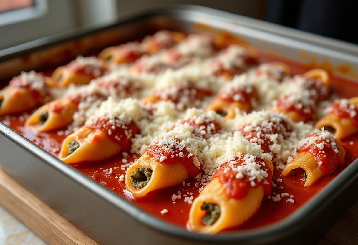 Stuffed pasta shells arranged in marinara sauce before baking for Turkey and Spinach Stuffed Shells.
