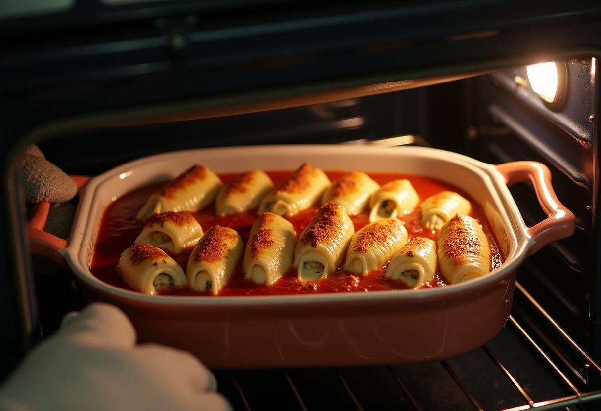 Baking dish of Turkey and Spinach Stuffed Shells being placed in the oven to bake.