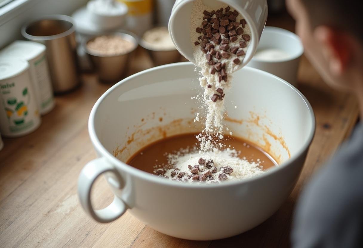 Adding flour and chocolate chunks to the batter for Ultimate Chocolate Chunk Blondies.