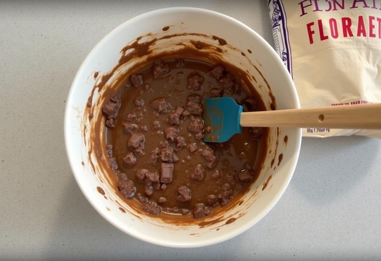 Mixing the batter for Ultimate Chocolate Chunk Blondies with chocolate chunks.
