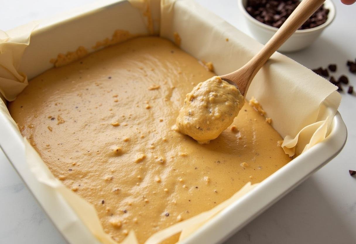 Filling the baking dish with blondie batter for baking Ultimate Chocolate Chunk Blondies.