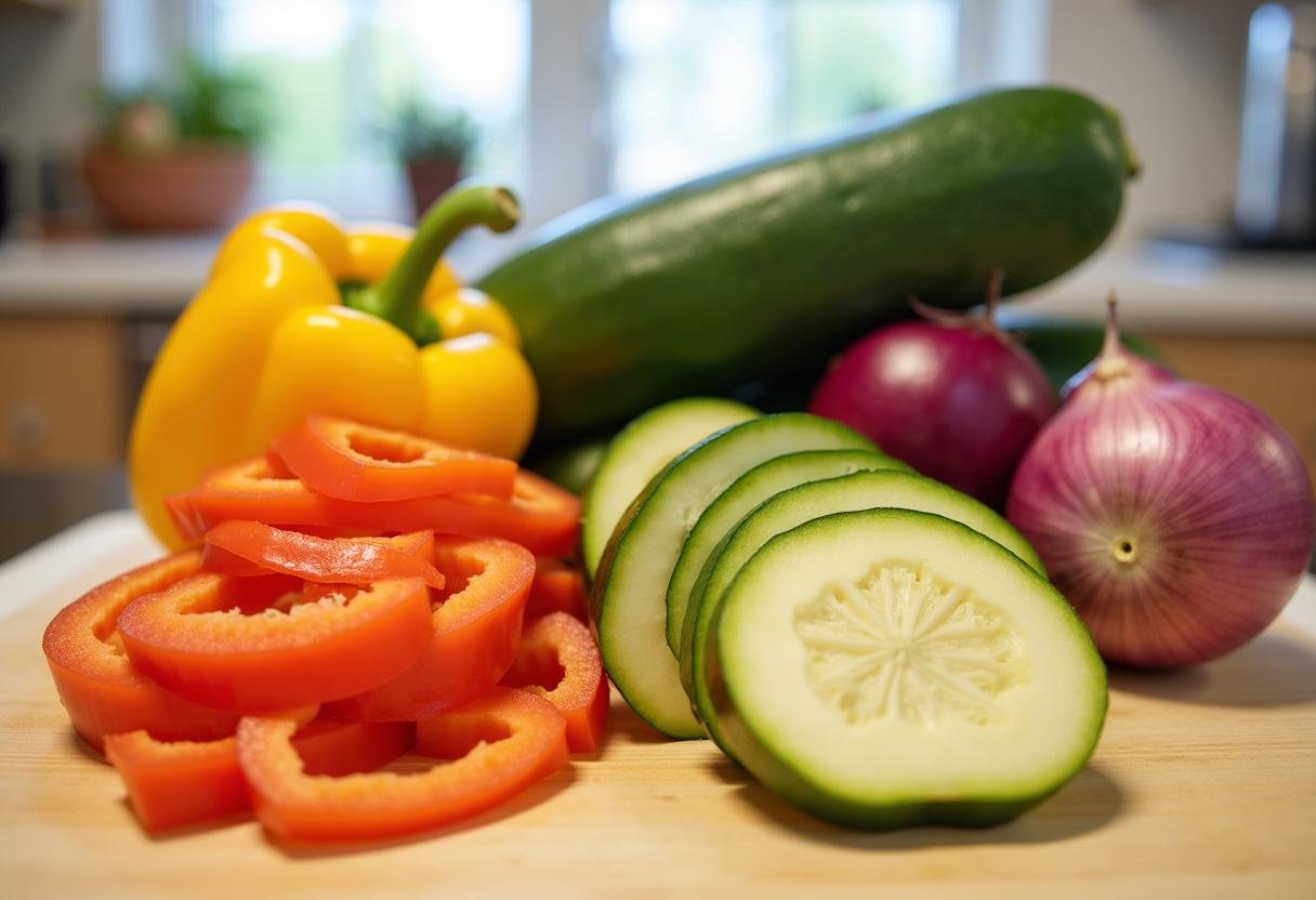 Fresh vegetables sliced for an Ultimate Gourmet Grilled Veggie Wrap.