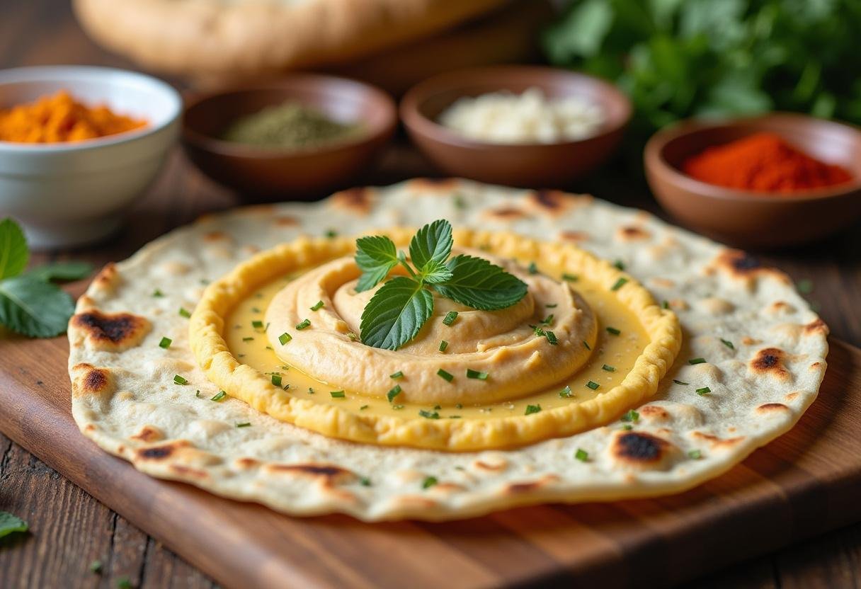 Spread of hummus on a tortilla for Ultimate Gourmet Grilled Veggie Wrap preparation.