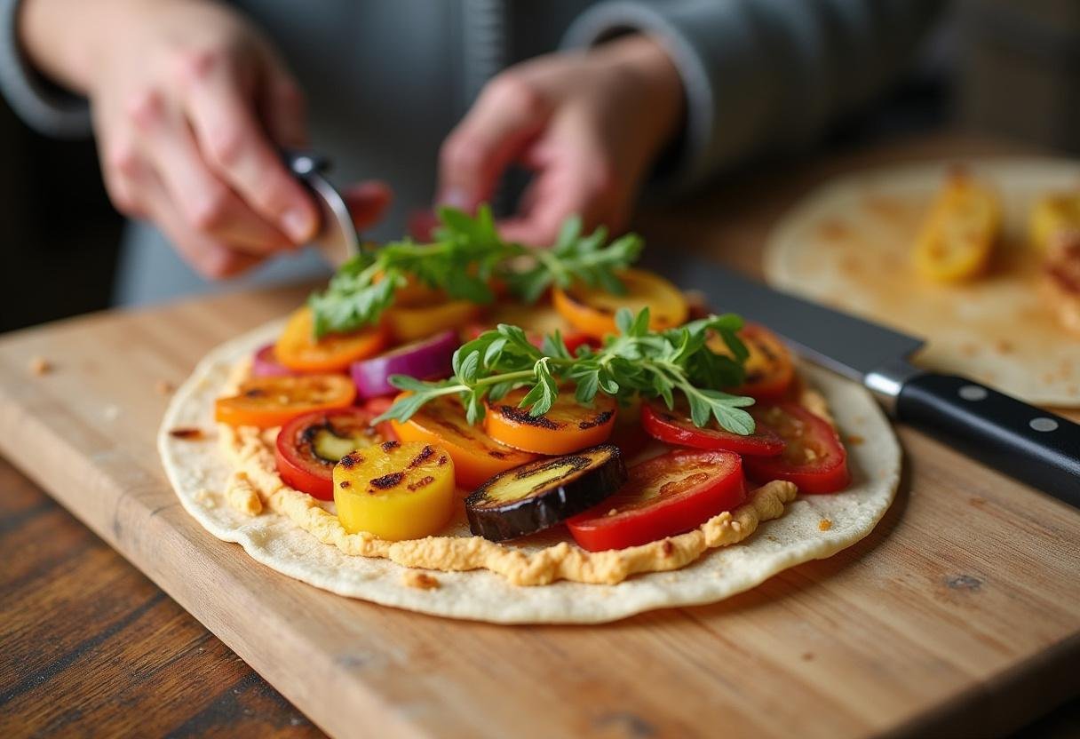 Layering grilled vegetables on hummus for the Ultimate Gourmet Grilled Veggie Wrap.