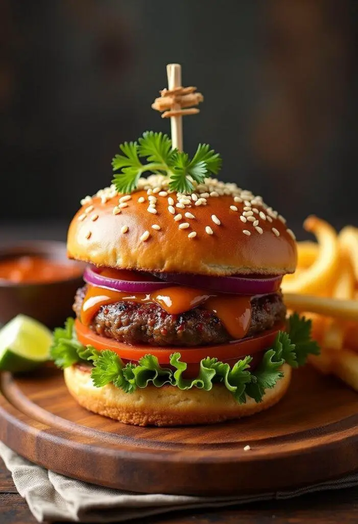 Finished Ultimate Hawaiian Teriyaki Burger served with fries, highlighting a delicious combination of flavors.