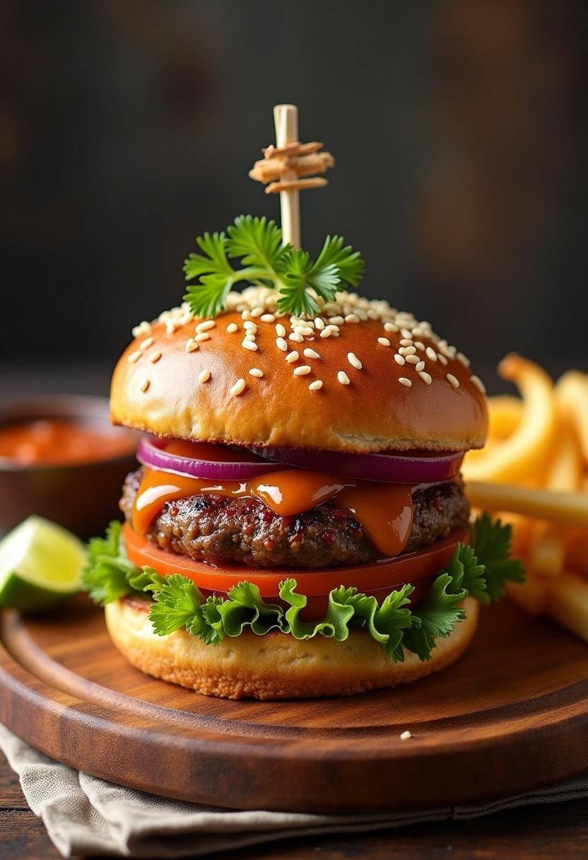 Finished Ultimate Hawaiian Teriyaki Burger served with fries, highlighting a delicious combination of flavors.