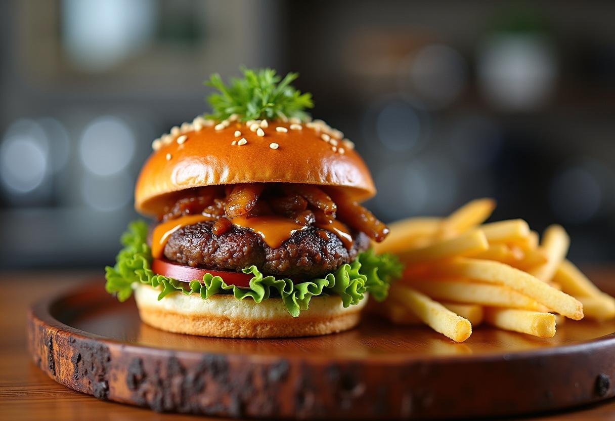 Finished Ultimate Hawaiian Teriyaki Burger served with fries, highlighting a delicious combination of flavors.