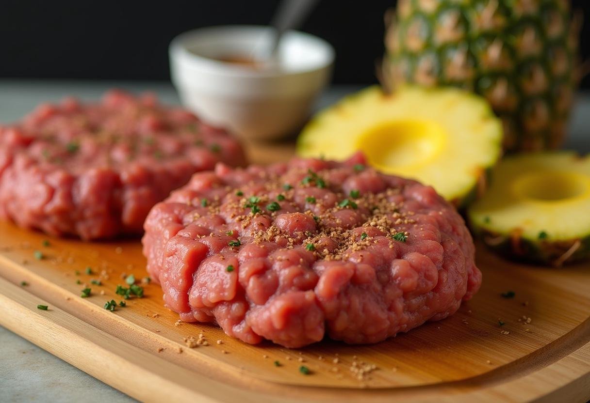 Ground beef being shaped into patties for Ultimate Hawaiian Teriyaki Burger preparation.