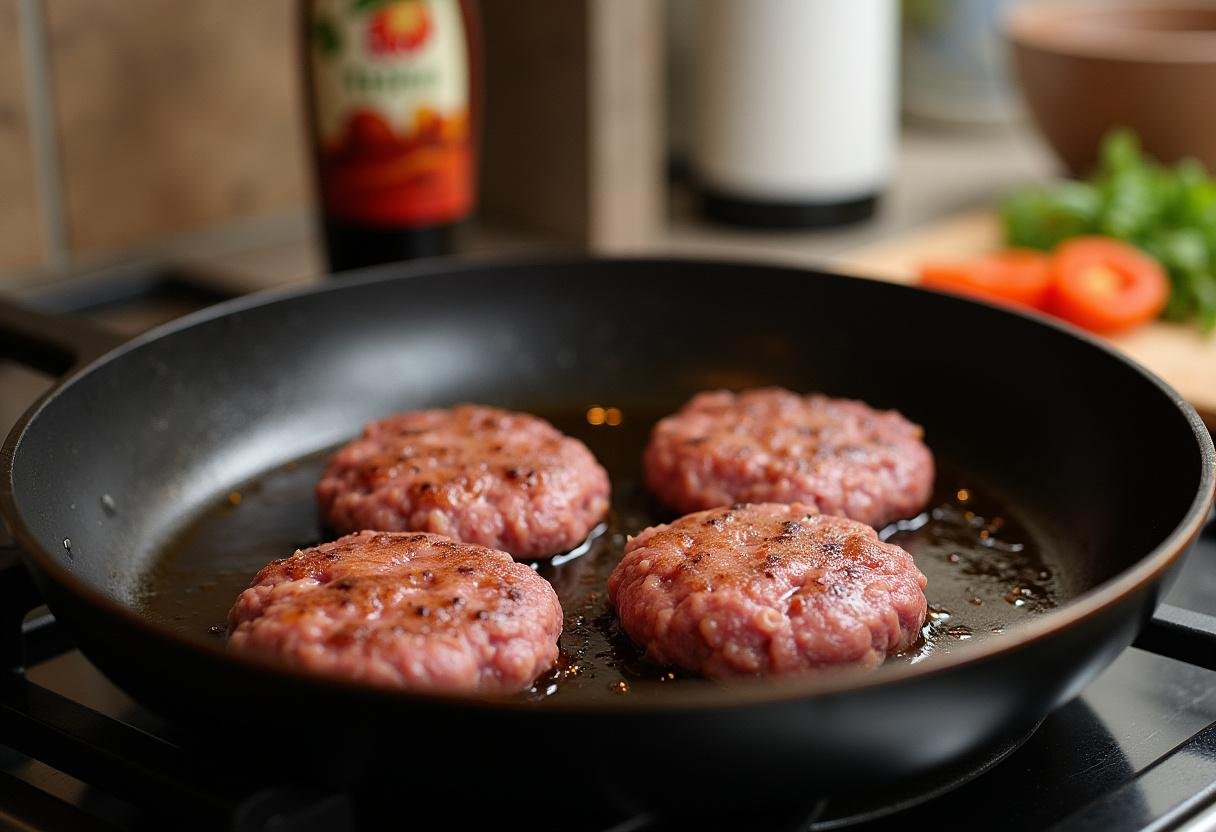 Searing burger patties in a frying pan for Hawaiian Teriyaki Burger with teriyaki sauce nearby.