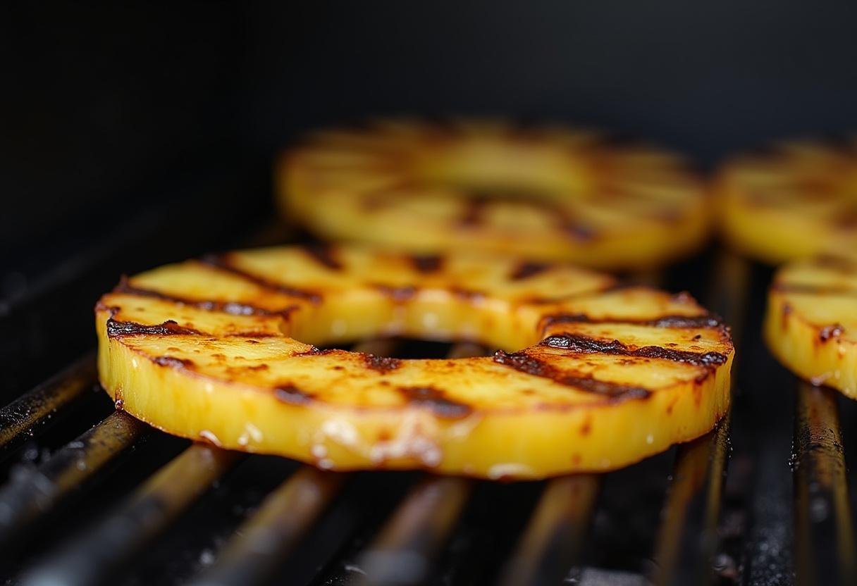 Caramelized pineapple slices on a barbecue grill for Hawaiian Teriyaki Burger topping.