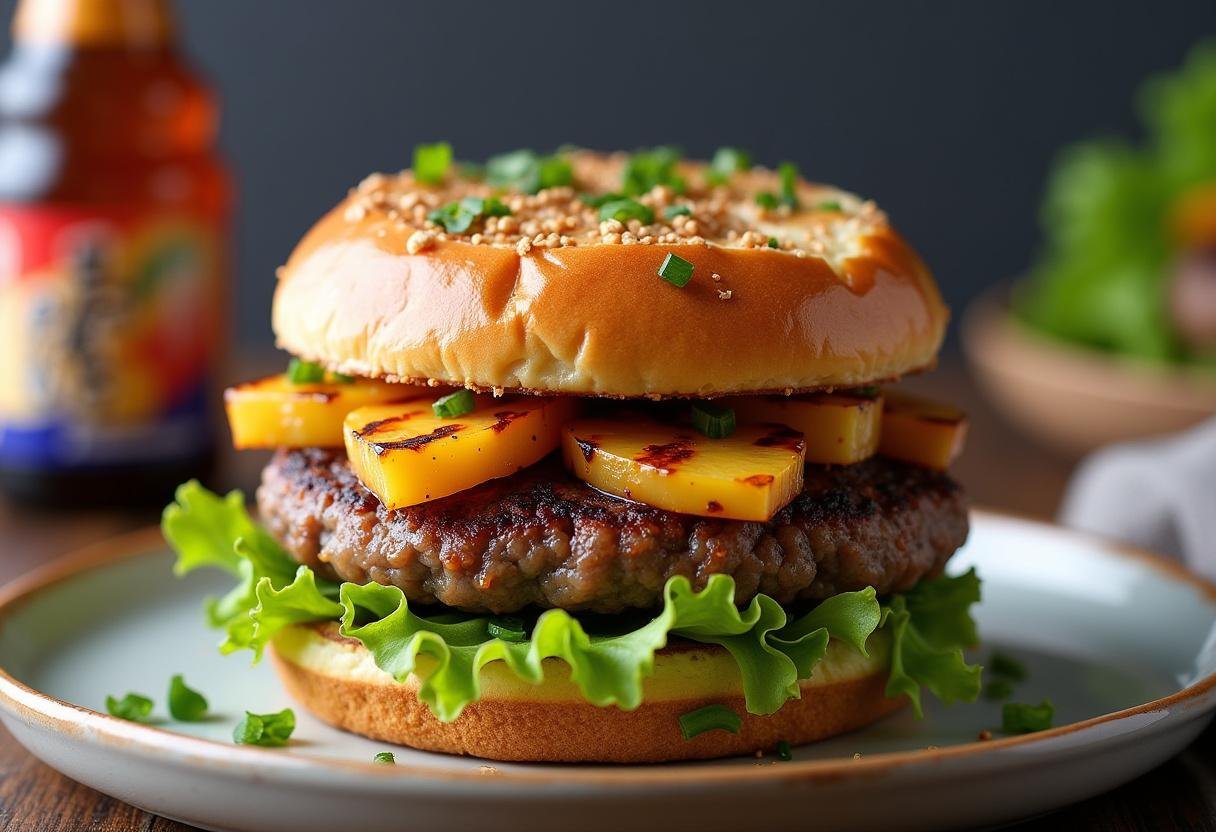 Layering the Ultimate Hawaiian Teriyaki Burger with patty, pineapple, and toppings on a toasted bun.