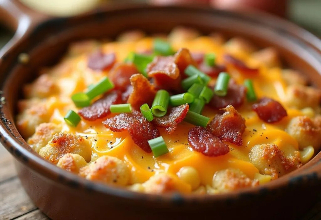 Ultimate Loaded Baked Potato Casserole with crispy toppings, ideal for a hearty family meal.