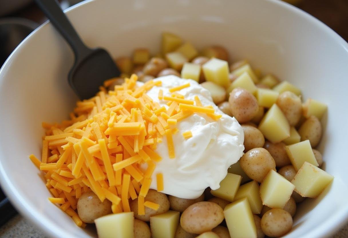 Ingredients for Ultimate Loaded Baked Potato Casserole including diced potatoes, sour cream, and cheese.