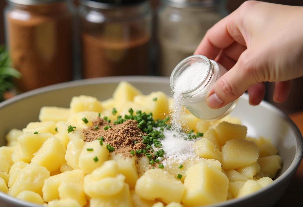 Seasoning being mixed into the potato casserole ingredients for loaded baked potato flavor.