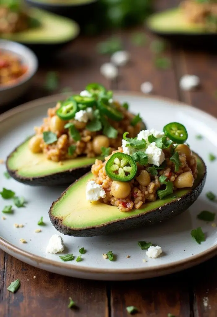 Finished Loaded Guac-Stuffed Avocado garnished with toppings, perfect for a delicious appetizer.