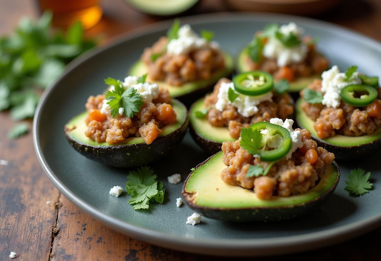 Finished Loaded Guac-Stuffed Avocado garnished with toppings, perfect for a delicious appetizer.