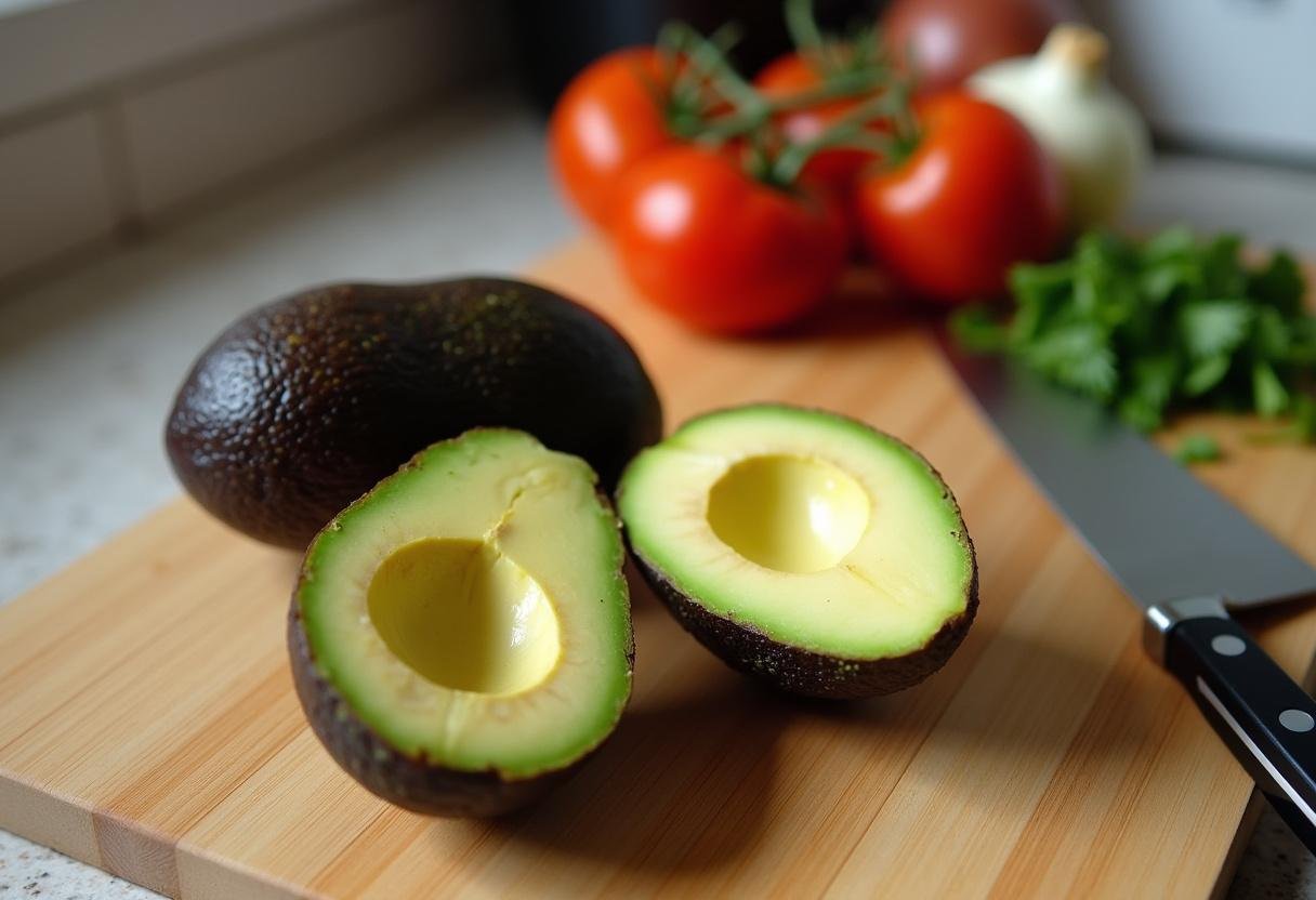 Cutting ripe avocados in half for Ultimate Loaded Guac-Stuffed Avocado recipe.