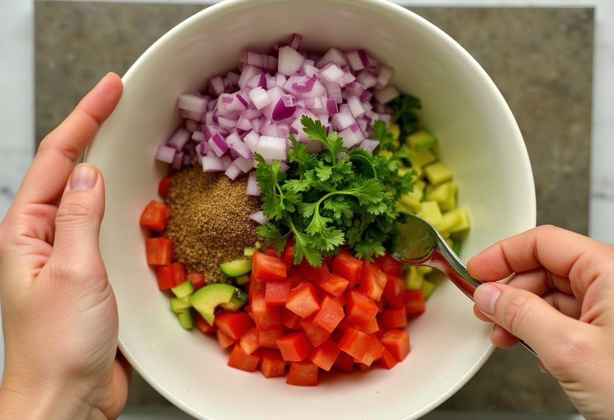 Preparing a flavorful guacamole mixture for loaded avocado stuffing.