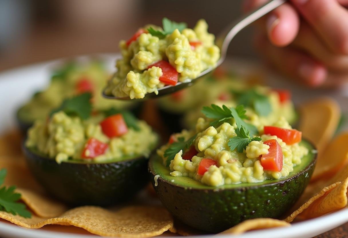 Stuffing avocado halves with fresh guacamole for a delicious presentation.