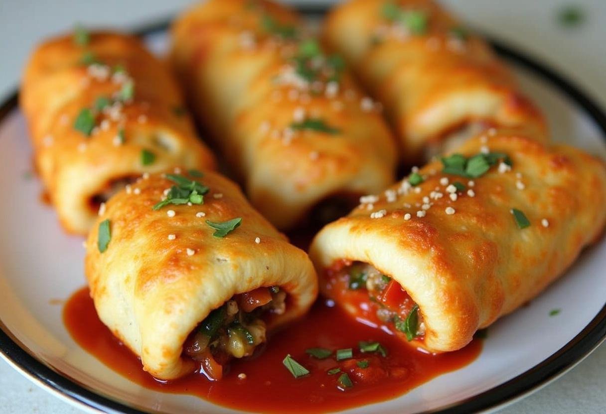 Deliciously baked Ultimate Loaded Veggie Pizza Rolls on a platter, perfect for sharing.