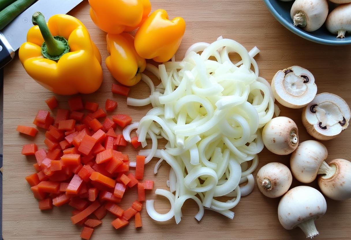 Diced fresh vegetables prepared for Ultimate Loaded Veggie Pizza Rolls.