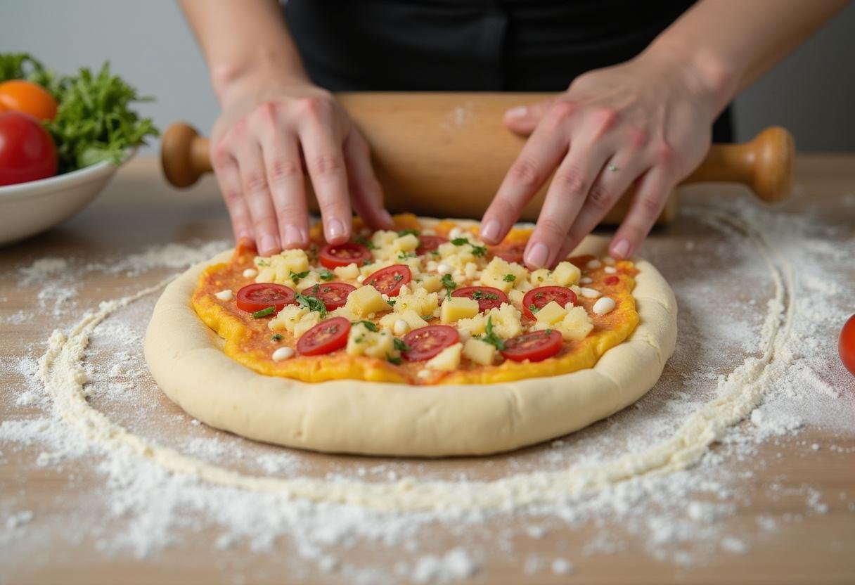 Pizza dough being rolled out for making Ultimate Loaded Veggie Pizza Rolls.