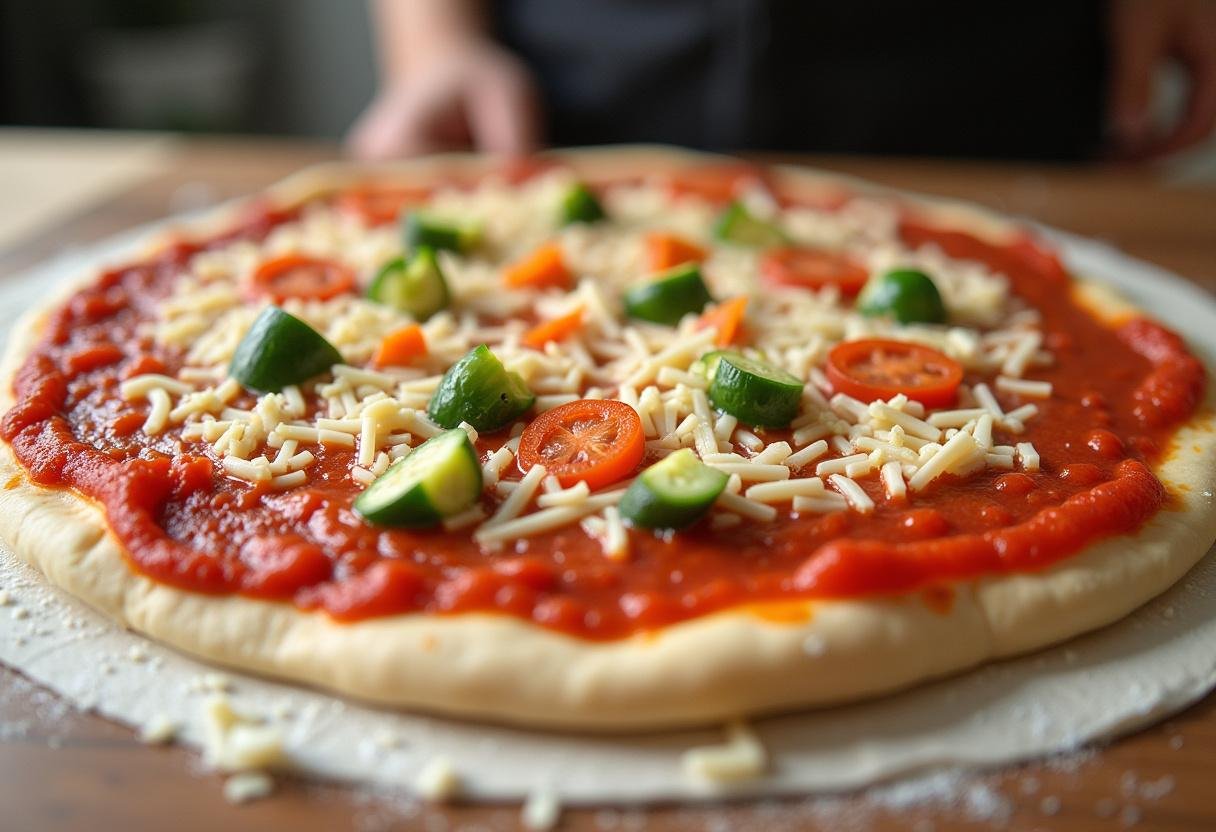 Tomato sauce spread over pizza dough for Ultimate Loaded Veggie Pizza Rolls preparation.