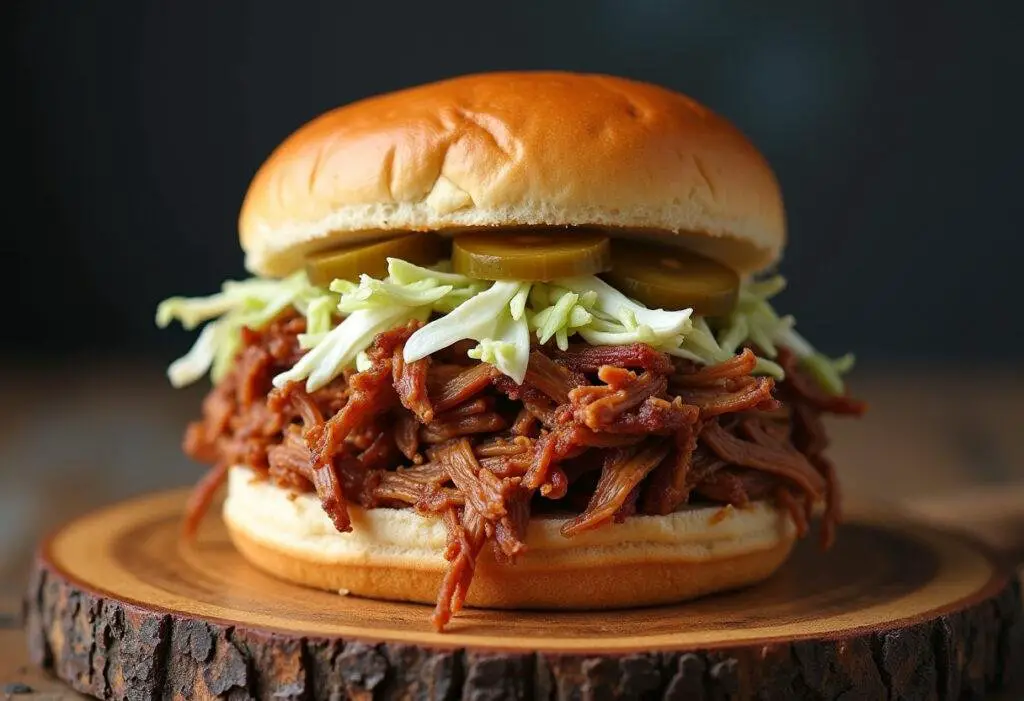 Ultimate Pulled Pork Sandwich with coleslaw and pickles, ready to enjoy.