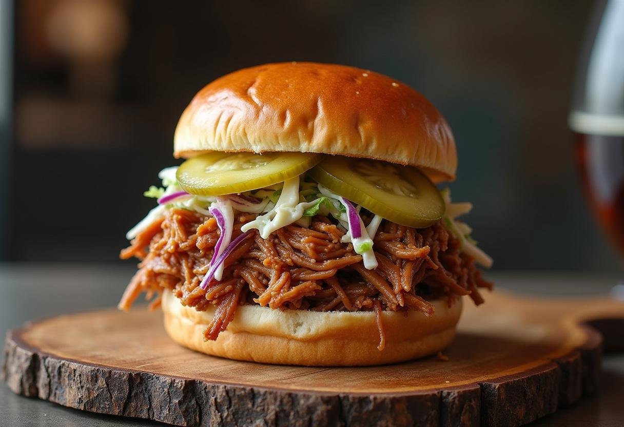 Ultimate Pulled Pork Sandwich with coleslaw and pickles, ready to enjoy.