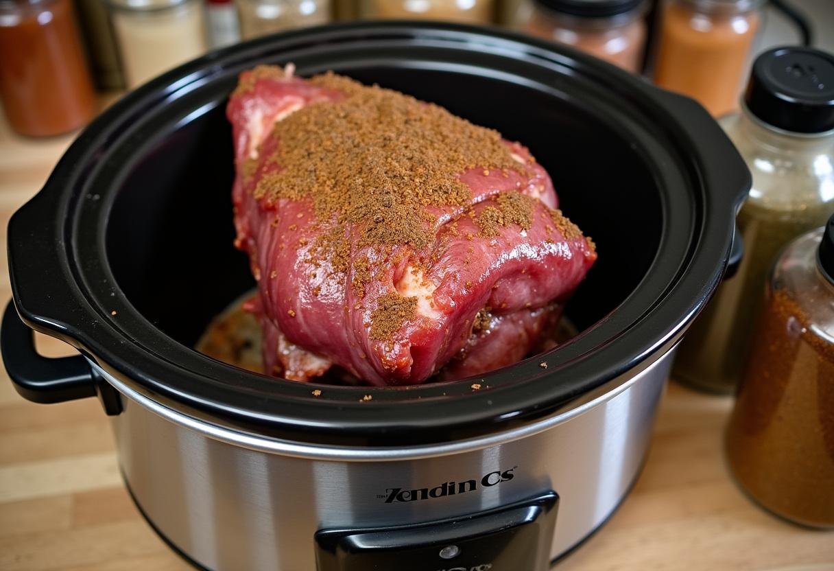 Pork shoulder ready for slow cooking in preparation for Ultimate Pulled Pork Sandwiches.