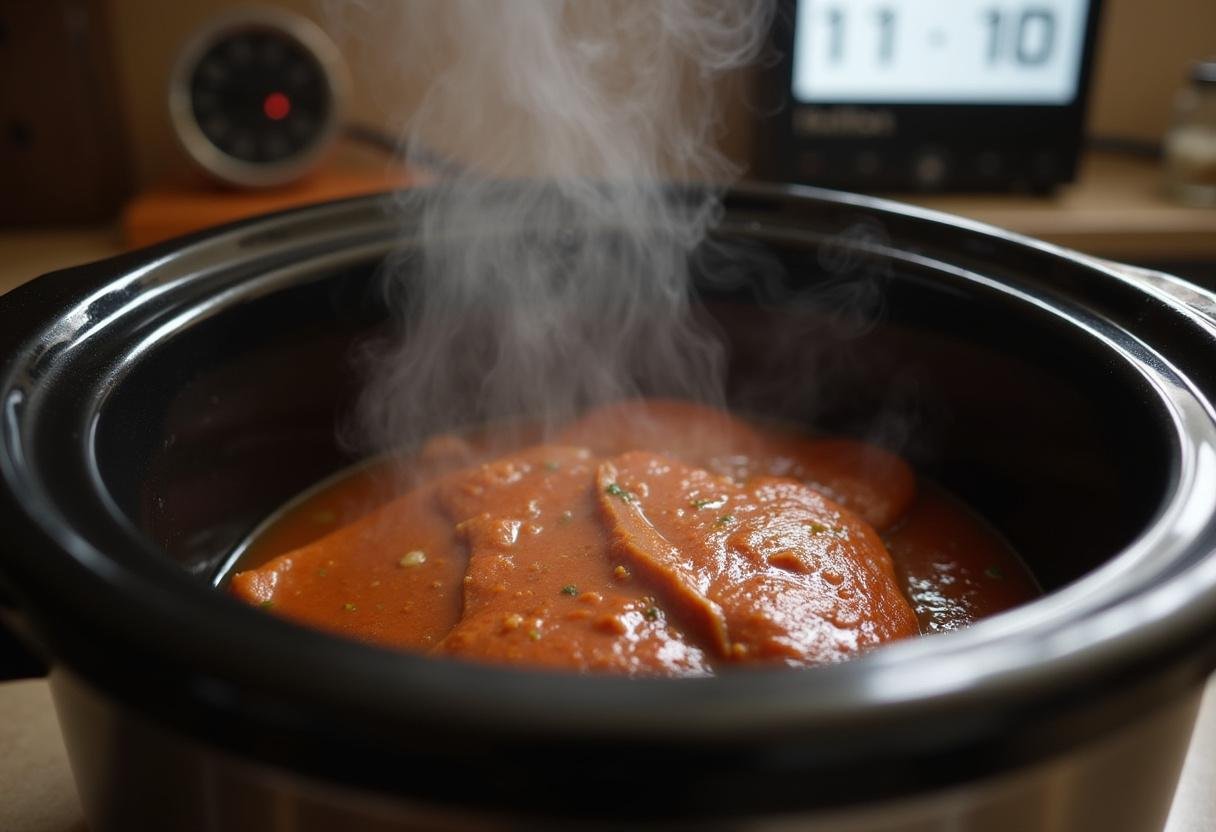 Pork shoulder cooking in a slow cooker for the Ultimate Pulled Pork Sandwich recipe.