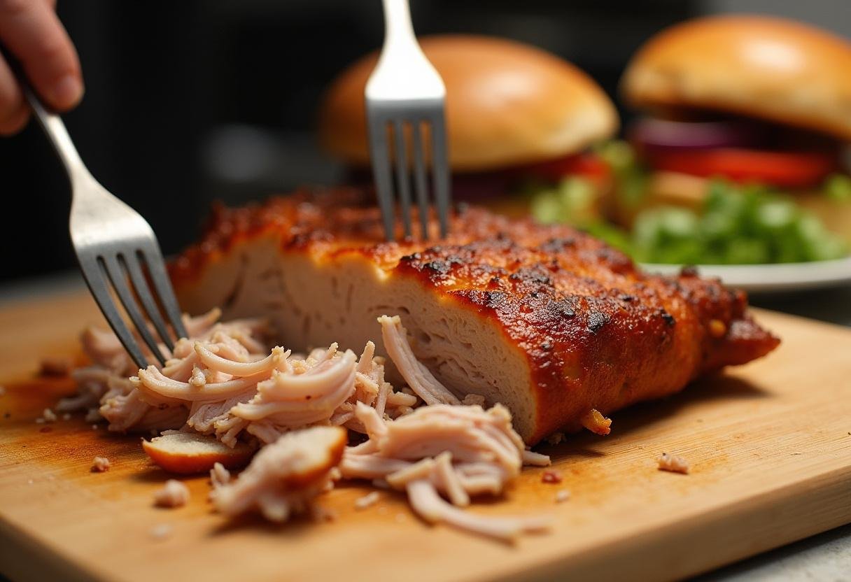 Shredded pulled pork on a cutting board, ready for assembling Ultimate Pulled Pork Sandwiches.