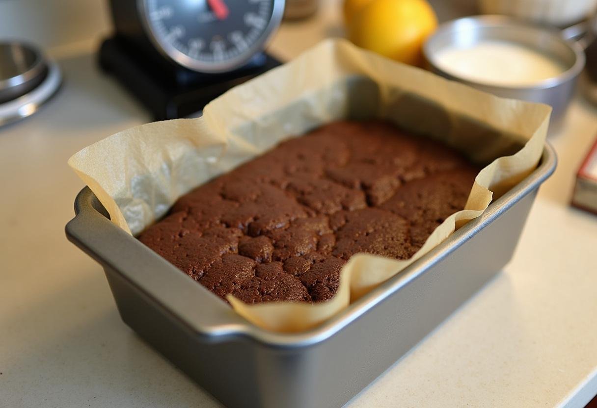 Loaf pan filled with brownie batter ready to be baked for Ultimate Salted Caramel Brownie Bars.