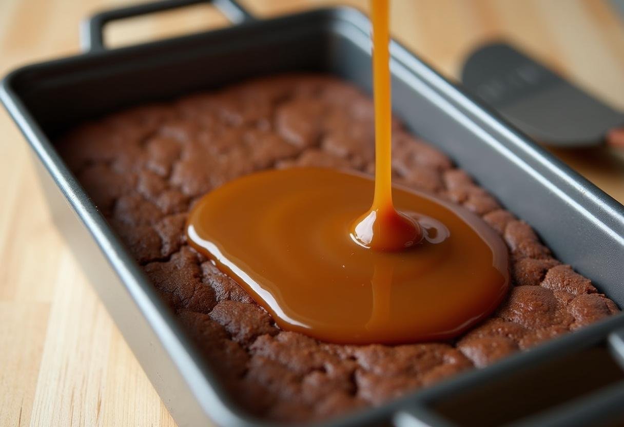 Drizzling caramel over brownies for Ultimate Salted Caramel Brownie Bars.