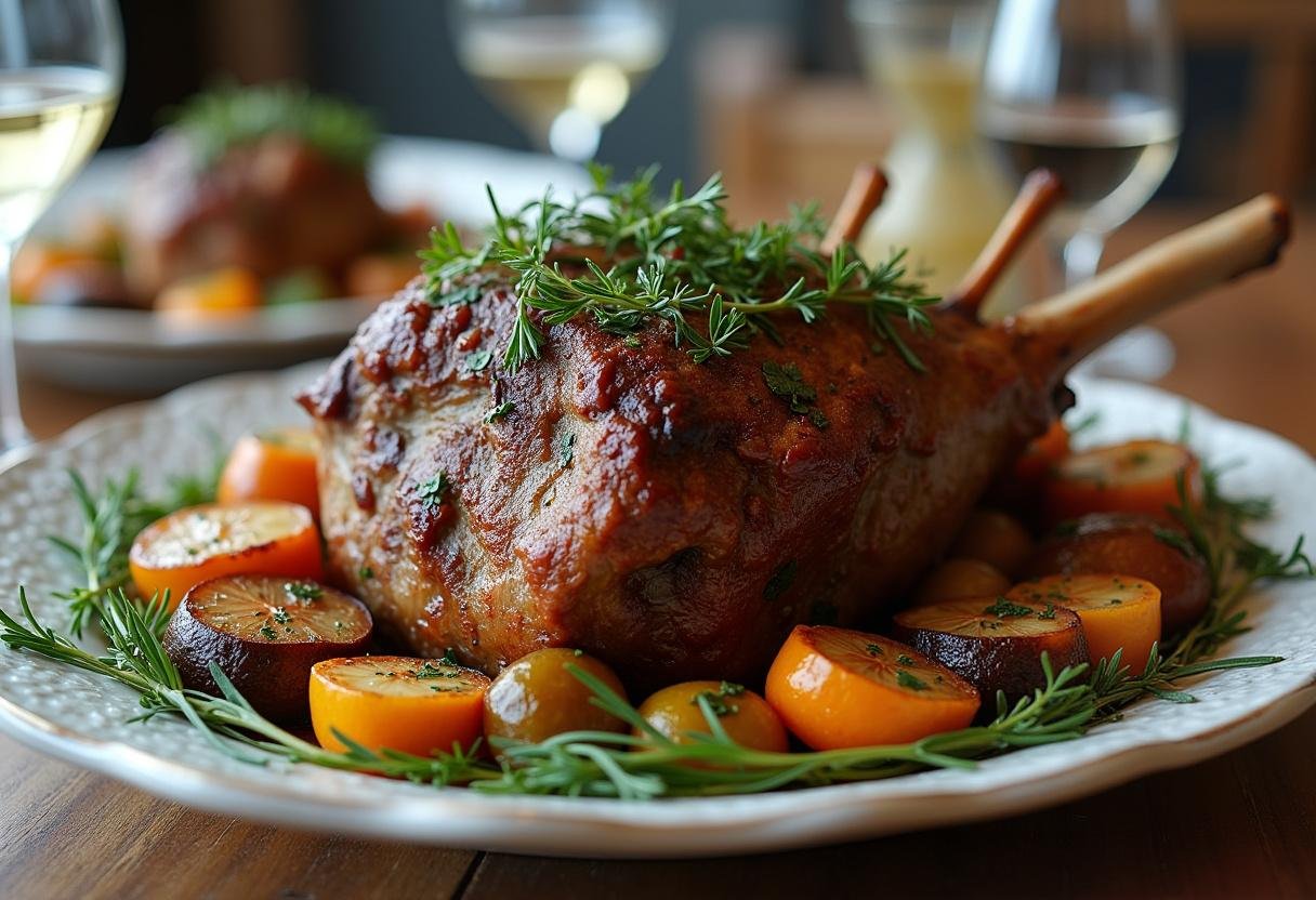 Garnished Ultimate Spring Herb-Crusted Lamb Roast on a platter, perfect for festive spring gatherings.